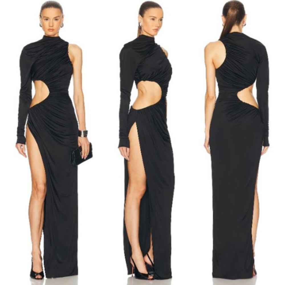 Atlein | NWT One Sleeve Ruched Cut Out Dress in Black Jersey Maxi FR 34 / XS